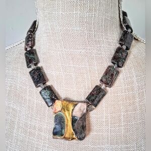 OOAK Artisan Dragon Blood Stone Necklace w/ Abstract Clay Pendant Painted